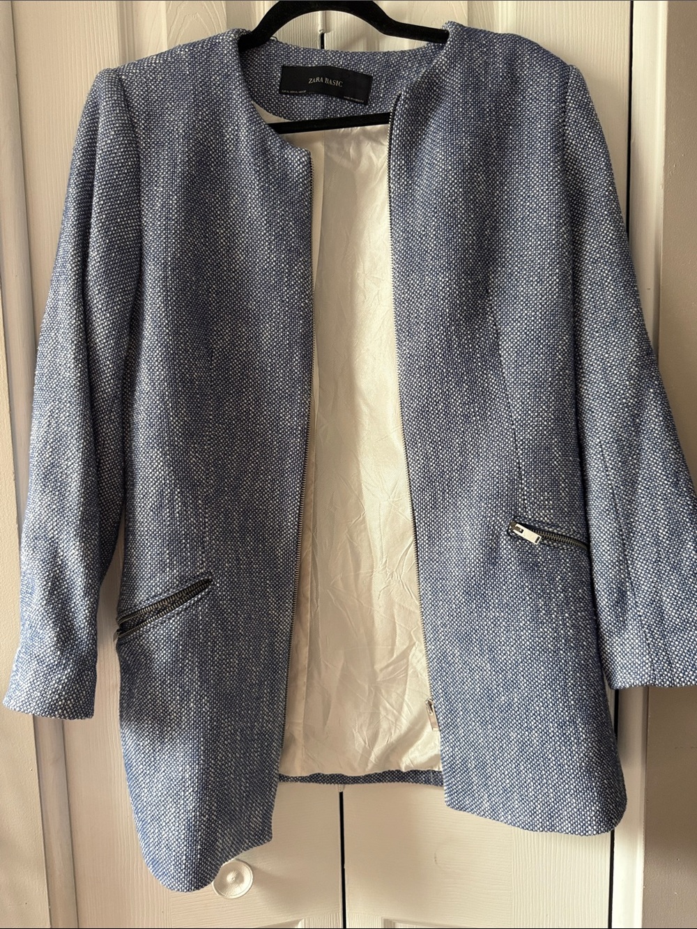 Zara Light Blue Tweed Collarless Blazer with Zip Pockets